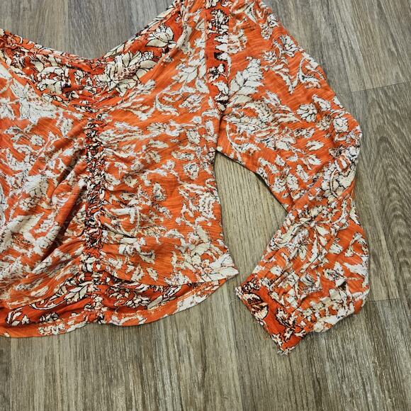 Free People Say The Word Floral Top Womens M Ruby Red Boho Ditsy Cottage Ruched - Picture 4 of 10